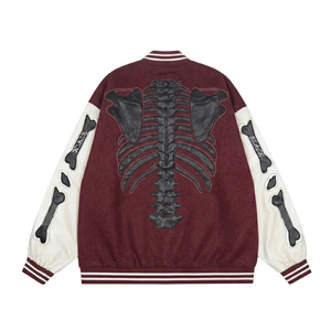 Blouson Bomber Tendance avec Applique Squelette, Manches en Laine/Viscose, Style Streetwear Hip Hop Vintage, Vêtement Athlétique d'Hiver pour Homme - Product Image 2