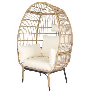 Poltrona a uovo oversize beige in vimini con supporto, cuscini per interni ed esterni, ideale per patio, portico, giardino, soggiorno o balcone - Product Image 3