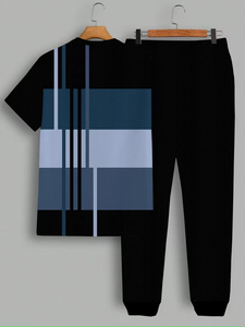 Conjunto Deportivo para Hombre con Bloques de Color, Manga Corta, Cuello Redondo, Transpirable, Poliéster, Pantalones Largos con Cordón Ajustable - Product Image 2