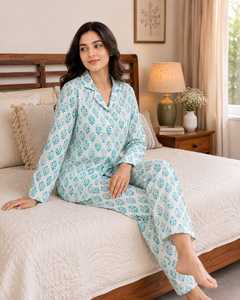 Soft 100% Cotton Woven Floral Print Blue <b>Pyjama</b> Set Women | Luxury Hand Drawn V-neck Nightwear | Button Sleepwear Loungewear - Product Image 5