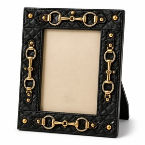 Handcrafted Equestrian Themed Photo <b>Frame</b> Featuring A Quilted <b>Black</b> Textured Surface With Detailed Golden Horse Bit Inspired - Product Image 1