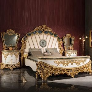 ชุดห้องนอนหรูหราสไตล์ยุโรปสีทองขาว รุ่น NelliganLuxury Royal Classic พร้อมเตียงหุ้มผ้าแบบ Tufted และโครงเตียงไม้แกะสลักลายมือ ลดราคาพิเศษ - Product Image 1