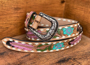 Best-seller Ceinture artisanale en cuir repoussé Style occidental Ceinture à fleurs turquoise avec point bouc Ceinture de cow-girl en cuir de vachette personnalisée - Product Image 2