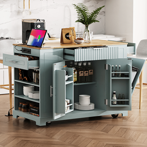 Isola da Cucina con Presa di Corrente, Contenitore per Rifiuti, Armadietto con 5 Ruote e Scaffale Interno, Isole e Carrelli da Cucina Scanalati - Product Image 1