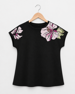Camiseta de Jersey para Mujer Africana Negra, Estampado Floral en el Hombro, Corte Holgado, Manga Corta, Algodón 220g, Uso Diario Informal - Product Image 2