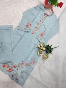 <b>Women</b> Light Blue Cotton <b>Kurta</b> With Floral Embroidery Ankle-Length Loose Fit Traditional Indian Pakistani Casual Wear - Product Image 6