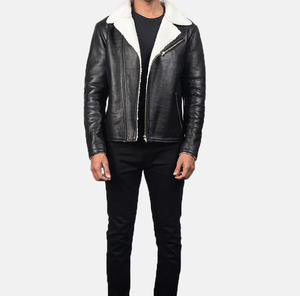 Blouson en cuir unisexe coupe ajustée pour moto, fermeture éclair, col montant, style urbain, hiver, noir, logo frontal, imperméable - Product Image 4