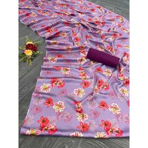 MOST PICKED JAPAN <b>SATIN</b> SILK PRINTED SAREE WITH UNSTITCHED <b>BLOUSE</b> LAVENDER - Product Image 1