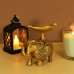Brass Antique <b>Elephant</b> Deepam With Leaf Diya Bowl Handcrafted Traditional Pooja Oil Lamp For Home Temple - Product Image 3