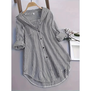 Camisa Larga a Rayas para Mujer, Estilo Casual, con Cuello Camisero - Product Image 1