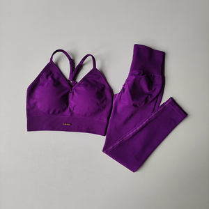 <b>Seamless</b> Solid Hip Lifting Fitness 2-Piece Women's V-neck Bra <b>Leggings</b> Yoga Set Breathable Knitted Quick Drying Exercise Iron - Product Image 1