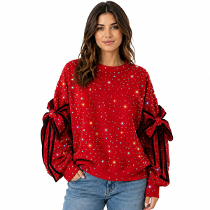Sweat-shirts à col rond pour femmes avec strass, manches à nœud personnalisées, vêtements brodés, pull oversize, fournisseur de marques privées - Product Image 1