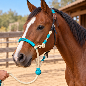 Harnais pour cheval en corde tressée avec détails en cuir brut |   Sangles en cuir réglables, équipement équestre durable pour l'entraînement à l'équitation, harnais - Product Image 2