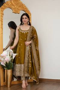 Ensemble Anarkali vert olive brodé avec dupatta, longueur ras du sol, tenue traditionnelle indienne et pakistanaise pour femme, coupe ample, idéal pour les mariages - Product Image 4