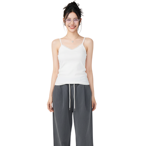 Débardeur côtelé en maille pour femme à fines bretelles, ourlet à volants, bordure en dentelle, respirant, coupe ajustée, en coton doux, style décontracté, marque de mode - Product Image 1