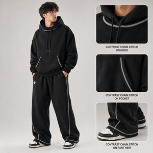 Custom Oversized Contrast Stitch Hoodie Tracksuit Heavyweight Fleece <b>Sweat</b> <b>Suit</b> <b>Men</b> Streetwear Jogging Set OEM ODM - Product Image 1