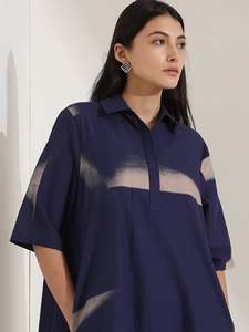 Robe midi à col polo, coupe ample, manches trois quarts, imprimé dégradé contrastant, coton tissé, décontractée, pour tous les jours, femme - Product Image 2