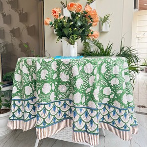 Bohemian Green Floral Hand Block Print Round <b>Tablecloth</b>, Waterproof Cotton Custom Logo Table Cloth for <b>Wedding</b> Restaurant Picnic - Product Image 6