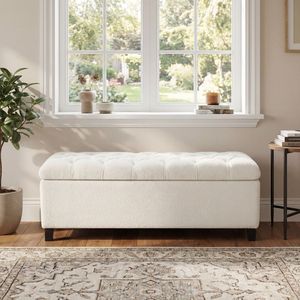 Panca Ottomana Bianca con Superficie Bouclé e Vano Contenitore, Gambe in Legno di Gomma Resistenti, Capacità 300 Libbre, Sgabello e Pouf - Product Image 1
