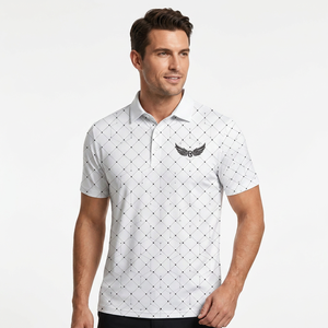 Polo à manches courtes pour homme, imprimé géométrique blanc, tissu tricoté respirant, style décontracté chic, logo sur le devant - Product Image 5