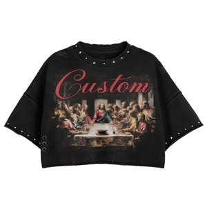 Camiseta Glory Custom con efecto desgastado, lavado ácido y pedrería, 100% algodón, estilo vintage, gráfico, corta, unisex, para ropa urbana. - Product Image 1