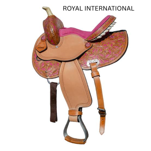 Selle de cheval western en cuir fleuri rose avec étriers décoratifs, équipement équestre pour la course de barils, le ranch et les sentiers - Product Image 1