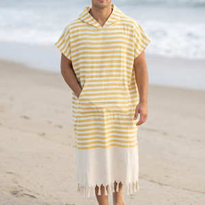 Poncho de plage à capuche rayé jaune, serviette paréo portable avec franges, poncho indien tissé à la main pour la plage, pour adulte - Product Image 6