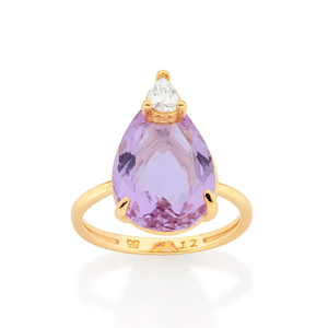 Glam 10K <b>Gold</b> Plated Amethyst <b>Cocktail</b> <b>Ring</b> Pear Shape Claw Setting Women's Engagement February Birthstone - Product Image 1