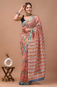 Hand <b>Block</b> Print Chandri Silk Saree Square <b>Shaped</b> Traditional Indian Wedding Dress Spring Summer - Product Image 3