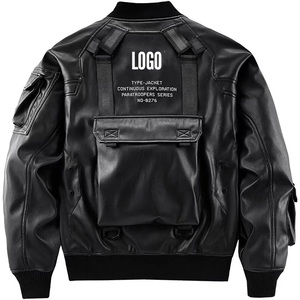 Chaqueta de Motociclista de Cuero PU Negra para Hombre, con Múltiples Bolsillos, Cierre de Cremallera, Cuello Camisero, Corte Regular - Product Image 2