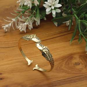 Antique Gold Double Fish Cuff <b>Bracelet</b> | Koi Fish Open Bangle Brass | Ethnic Bohemian Animal Motif Wristband Indian - Product Image 4
