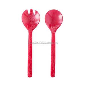 Premium Aqua Swirl Motif Marbre Look Multicolore Salade Serveur Tendance Conception avec Poignée en Résine et Corne Fourchette Outils à Salade - Product Image 4