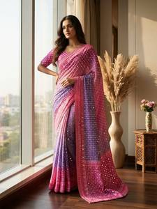 Designer Digital Print With Hand Aari Work And Hand Khatli Work Real Mirror Work with Gota Piping Border Chinon Silk <b>Saree</b> - Product Image 1