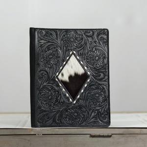 Nuevo Portafolio de Cuero Genuino Estilo Vintage, con Grabado Floral Negro y Incrustaciones de Cuero Vacuno con Diseño de Diamantes, Accesorio Decorativo de Lujo - Product Image 1