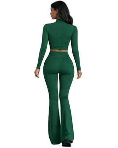 Conjunto de yoga de dos piezas verde personalizado para mujer, top corto con cremallera y pantalones acampanados de cintura alta, ropa elástica para gimnasio, fabricante personalizado OEM - Product Image 2