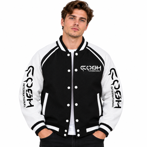 Chaqueta Varsity para Hombre en Blanco y Negro con Bloques de Color, Transpirable, de Punto, con Botones a Presión, Estilo Letterman, Tipo Bomber - Product Image 1