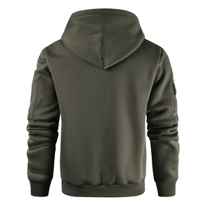 Sweat-shirt à capuche mi-zippé vert olive pour homme, coupe classique, couleur unie, pull décontracté avec poches, matière polaire tricotée, automne - Product Image 3