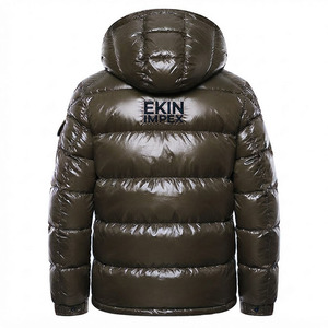 Luxury Style Dark Green Glossy Bubble Puffer Jacket Men Thick <b>Down</b> Filled Hooded Coat Wholesale Bulk Order Supplier - Product Image 2