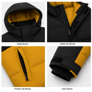 Veste d'hiver matelassée coupe-vent pour homme, à blocs de couleur, avec capuche, en polyester/nylon épais, broderie personnalisée sur le devant, vente en gros - Product Image 4