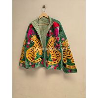 Blazer vert en velours brodé avec motif tigre et floral, col mandarin, simple boutonnage, veste pour femme, tenue de printemps