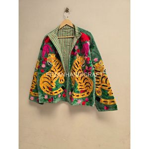 Blazer de terciopelo verde bordado con estampado de tigre y flores, cuello mandarín, chaqueta de mujer con botonadura sencilla, ropa de primavera - Product Image 2