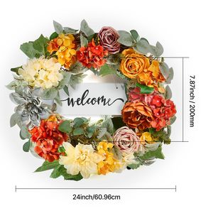 Ghirlanda Decorativa Artificiale alla Moda da 24 Pollici in Rosso, Arancione e Giallo con Ortensie, Rose e Targa in Legno - Product Image 2