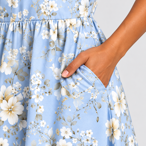 Women's Light Blue Floral Midi <b>Dress</b> Short Sleeve Split Neck Tiered A-Line <b>Pocket</b> Casual Summer <b>Dress</b> Wholesale OEM ODM Clothing - Product Image 6