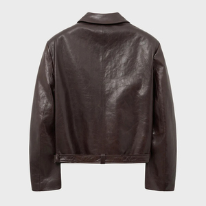 Men's Brown Leather <b>Jacket</b> Turn-down Collar Zipper Closure Belted <b>Short</b> Length Autumn Wear - Product Image 2
