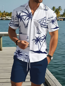 Ensemble chemise et short pour homme, vintage, tissé, été, 100% coton satiné, séchage rapide, manches courtes, 2 pièces, cadeau de vacances, plage, boutonné - Product Image 2