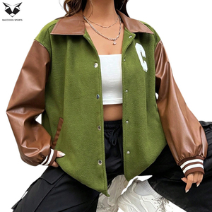 Women’s Green Letterman Varsity Jacket With Contrast Leather Sleeves Front C Patch Design Casual Autumn Wear Regular Fit Jackets - Product Image 3