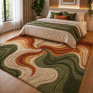 Tapis d'appoint moderne du milieu du siècle, abstrait, ondulé, tufté, à poils longs, vert, orange, crème, rectangulaire, pour chambre à coucher - Product Image 2