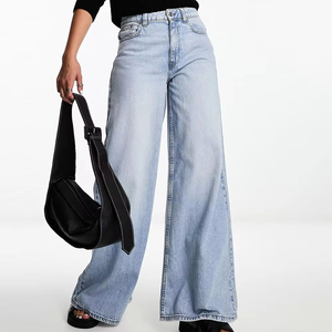 Pantalones vaqueros de mujer de cintura alta, pierna ancha, lavado claro, algodón, talla grande, largos, casuales, holgados, con botones, color liso - Product Image 3