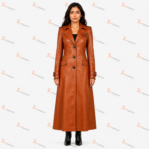 Elegante Abrigo Largo de Mujer en Cuero Sintético con Cuello de Solapa y Cierre de Botones, Ropa Exterior Cortavientos para Otoño - Product Image 2