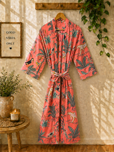 Wholesale 100% Cotton Floral Printed V-neck Kimono Robe Women | Breathable <b>Open</b> <b>Front</b> <b>Cardigan</b> | Summer Vacation Resort Wear | - Product Image 3